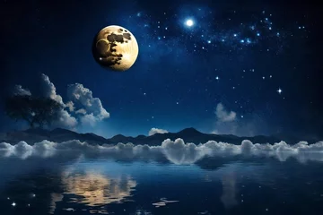 Abwaschbare Fototapete Vollmond und Bäume Romantic Moon In Starry Night Over Clouds