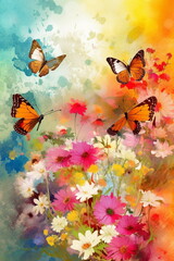 Fototapeta na wymiar Butterflies on flowers watercolor and digital painting