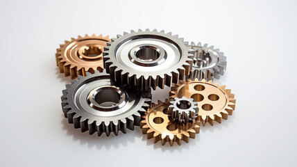 Metal Gears and Cogs on White Background, Perfect for Mechanical and Engineering Themes