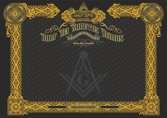 Horizontal blank with Masonic symbols for creating certificates, diplomas, bills and other securities. Classic design in gold tones on a black background. In A4 format.