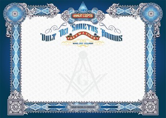 Horizontal blank with Masonic symbols for creating certificates, diplomas, bills and other securities. Classic design in blue tones. In A4 format.