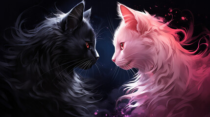Romantic illustration. A cat and a kitty in love facing each other. Valentine's Day, wedding, greeting card