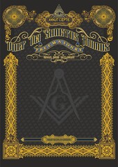 Vertical blank for creating a certificate, diploma, securities or other documents. Classic design with Masonic symbols in gold tones on a black background. In A4 format.