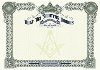 Horizontal blank with Masonic symbols for creating certificates, diplomas, bills and other securities. Classic design in green tones. In A4 format.
