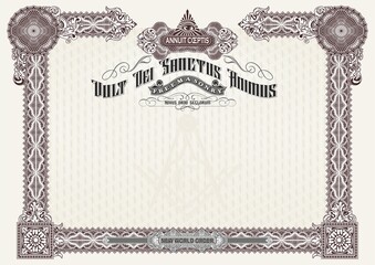 Horizontal blank with Masonic symbols for creating certificates, diplomas, bills and other securities. Classic design in beige tones. In A4 format.