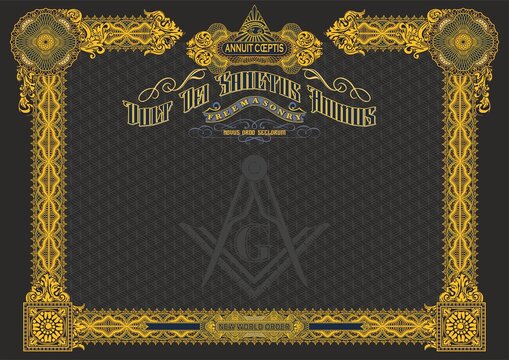Horizontal blank with Masonic symbols for creating certificates, diplomas, bills and other securities. Classic design in gold tones on a black background. In A4 format.