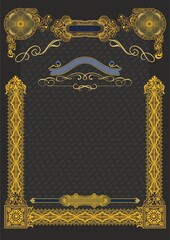 Vertical blank form for creating certificates, diplomas or other securities and documents. Made in a classic style with rococo elements in gold tones on a black background. A4 format.