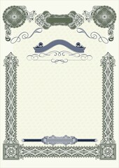 Vertical blank form for creating certificates, diplomas or other securities and documents. Made in a classic style with rococo elements in green tones. A4 format.