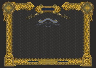Horizontal form for creating certificates, diplomas, bills and other securities. Classic design in gold tones on a black background. A4 format.