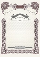 Vertical blank form for creating certificates, diplomas or other securities and documents. Made in a classic style with rococo elements in beige tones. A4 format.