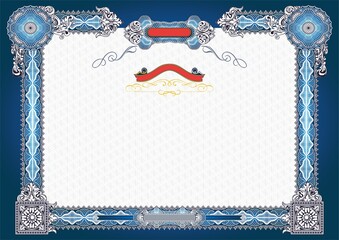 Horizontal form for creating certificates, diplomas, bills and other securities. Classic design in blue tones. A4 format.