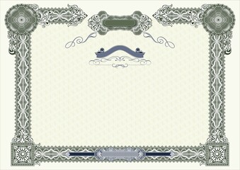 Horizontal form for creating certificates, diplomas, bills and other securities. Classic design in green tones. A4 format.