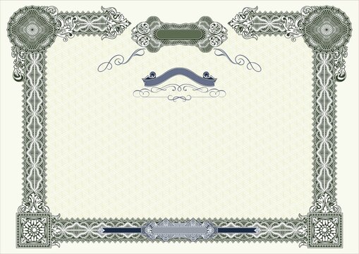 Horizontal form for creating certificates, diplomas, bills and other securities. Classic design in green tones. A4 format.