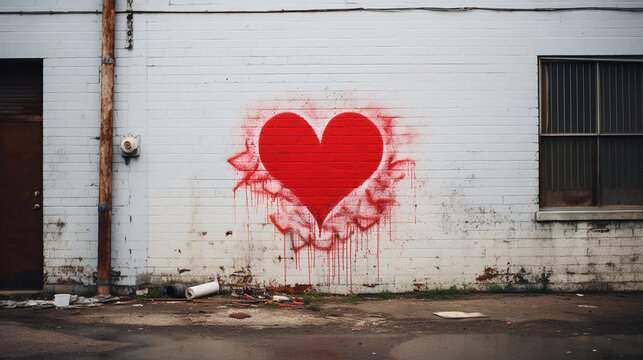 A red heart painted on a brick wall
