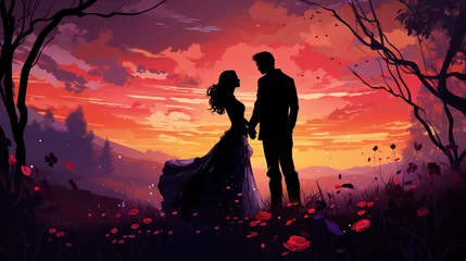 Poster Silhouettes of a couple in love against the sunset sky illustration © Anna