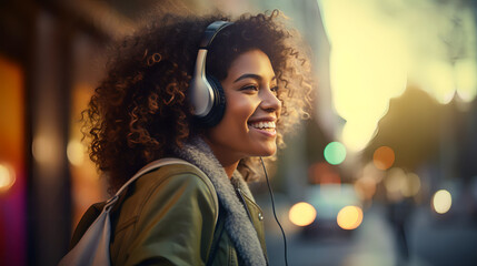 person listening to music in the city - obrazy, fototapety, plakaty