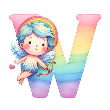 Letter W Alphabet W Cupid Rainbow Watercolor Nursery Hand drawn Style Clipart PNG Transparent Background High Quality