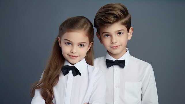 Front view of cute american girl and boy posing together, in school uniforms, one color background, copy space -generative ai