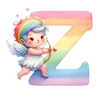 Letter Z Alphabet Z Cupid Rainbow Watercolor Nursery Hand drawn Style Clipart PNG Transparent Background High Quality