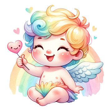 Cupid Rainbow Watercolor Nursery Hand drawn Style Clipart PNG Transparent Background High Quality