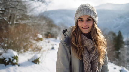 Fototapeta na wymiar Portrait of beautiful young woman in a hat and scarf enjoy the winter snow outside at winter forest