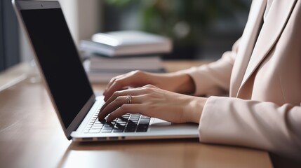 Fototapeta premium Close up of female entrepreneur’s hands using laptop to work and research business information