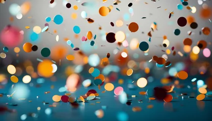 Fotobehang confetti explosion at a birthday party background. confetti background. colourful confetti flying around for New Year's party. birthday party. balloons and confetti. star confetti. round confetti © Divid