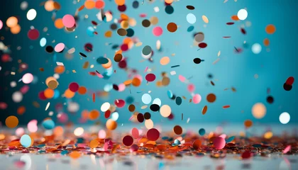 Fotobehang confetti explosion at a birthday party background. confetti background. colourful confetti flying around for New Year's party. birthday party. balloons and confetti. star confetti. round confetti © Divid