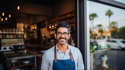 Small business owner smiling confidently at the camera in front of her shop