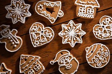 Tasty sweet Christmas cookies on a background. - 693900537