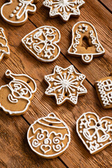 Tasty sweet Christmas cookies on a background. - 693900545