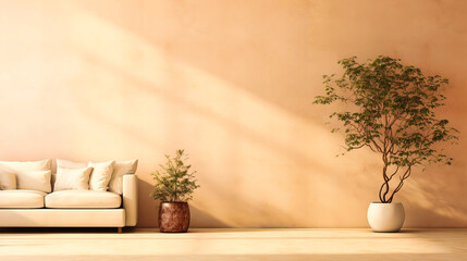 Sun-Kissed Minimalist Lounge with a Sleek White Sofa and Lively Potted Plants Enhancing the Space