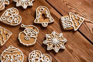 Tasty sweet Christmas cookies on a background. - 693900575