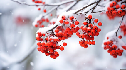 Red bunches of rowan covered with the first snow, winter background