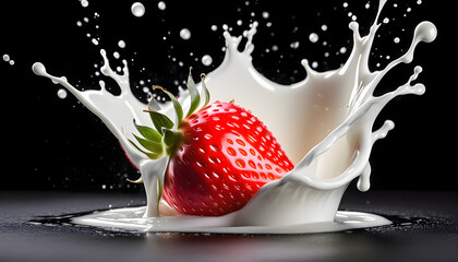 strawberry falling into milk splash