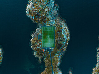 Henningsvaer Stadion by drone in Lofoten Norway stadium © Giuliano