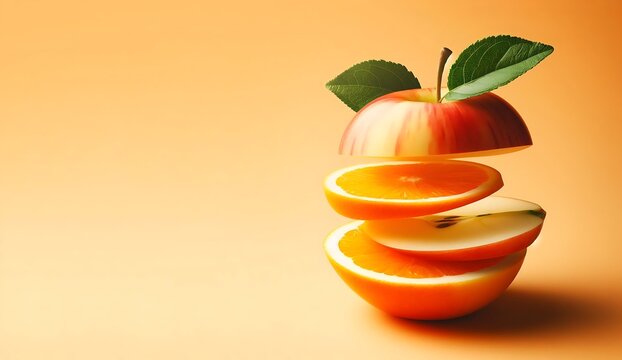 Mixed fruit apple sliced prange  on light orange background,generative ai
