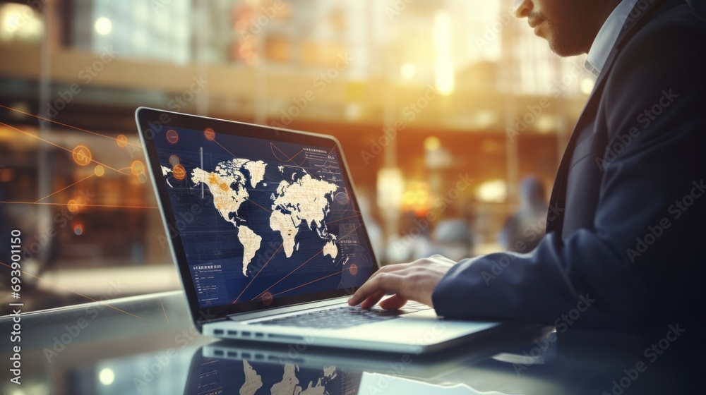 Poster businessman working with laptop computer with icons on virtual screen and blurred office background.