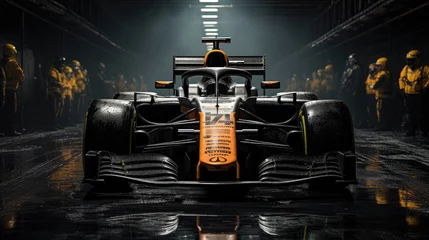 Poster Im Rahmen Front view of Formula 1 Car and The Team Mechanics. © Tirtonirmolo