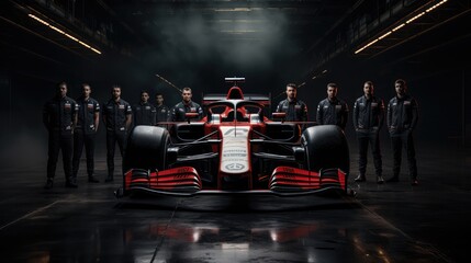Front view of Formula 1 Car and The Team Mechanics. - obrazy, fototapety, plakaty