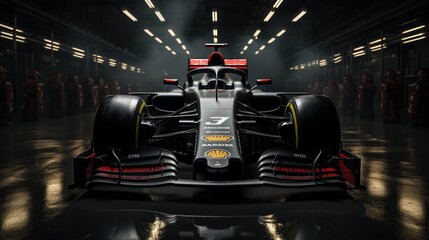 Front view of Formula 1 Car and The Team Mechanics. - obrazy, fototapety, plakaty