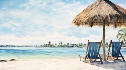Watercolor Palm Beach with wooden chairs and straw umbrellas - picturesque island