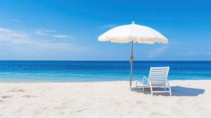 Fototapeta na wymiar White chaise longue and blue umbrella on white sand beach