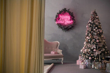 Christmas tree and gifts on a background. - 693901582