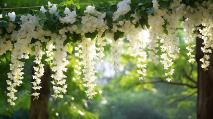 White jasmine flowers garland among the trees Elegant decorations for large weddings