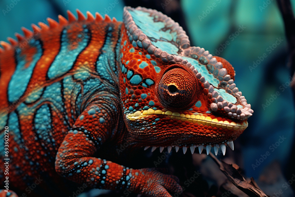 Aufkleber the intricate patterns of a chameleon's skin, blending seamlessly with its surroundings, captured wi