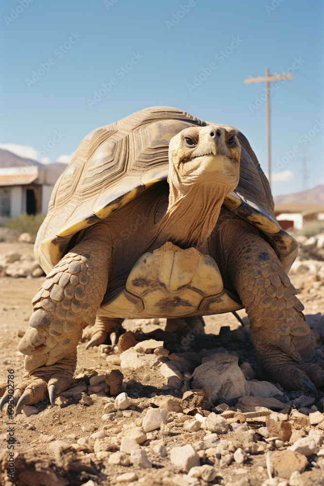 Poster a wise old tortoise, its weathered shell and slow movements captured with clarity .