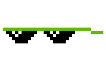 Pixel glasses meme. Like a boss meme. Pixelation, accessory optical fashion. 8 bit funky logo icon.  cartoon eyeglass frame for sunglasses