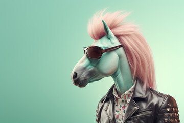 Horse punk rockstar with pink mane wearing leather jacket and sunglasses. Generative Ai - obrazy, fototapety, plakaty