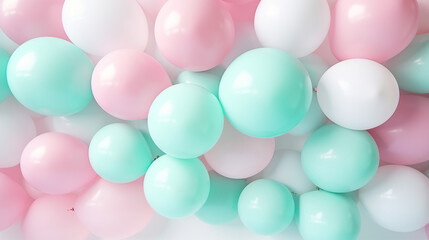 Fototapeta na wymiar Vibrant Balloons Background in Punchy Pink and Mint Pastels - Colorful Celebration Decor for Happy Events, Parties, and Festive Occasions in Joyful Atmosphere.